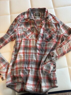 BKE Plaid Button-Up Shirt in Red and Gray